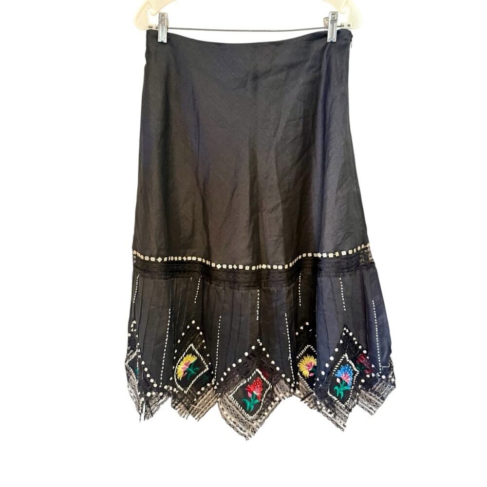 Carole Little Black Asymmetrical Linen Skirt with Colorful Embroidery